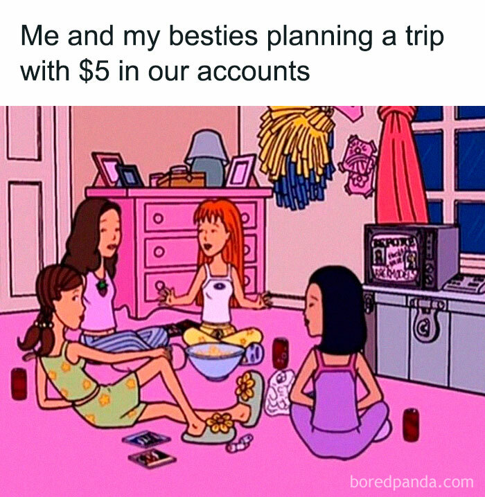 Four animated girls sitting on a pink floor planning a trip with little money in a relatable circle of idiots meme.