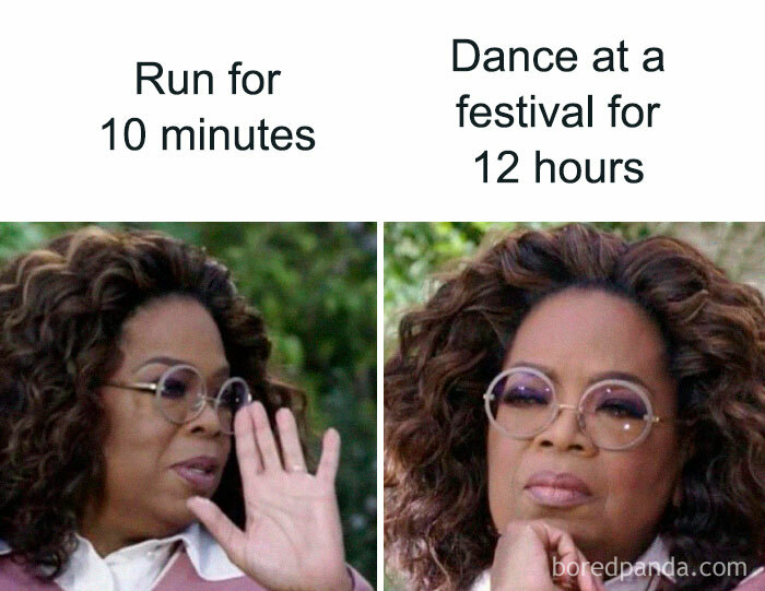 Woman wearing glasses reacting with hand raised on left and thoughtful expression on right, illustrating funny meme about endurance.