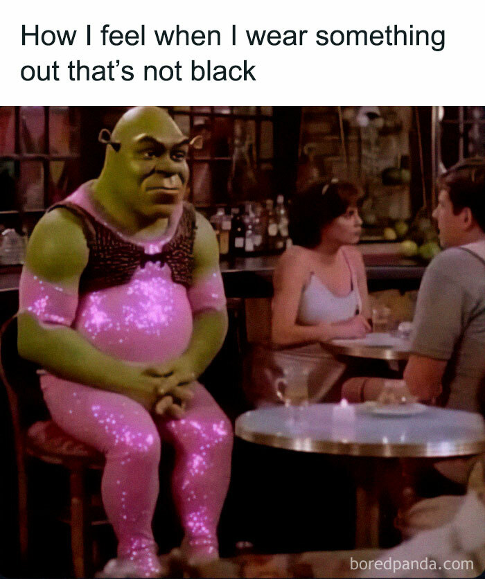 Shrek character in pink outfit sitting awkwardly in a bar, illustrating humor from circle of idiots memes.