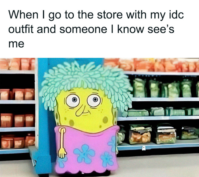 SpongeBob meme in a funny outfit at the store, relatable moment from Circle Of Idiots hilarious memes collection.