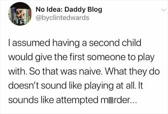 Funny mom post about the reality of siblings not playing nicely and the humor in parenting challenges.