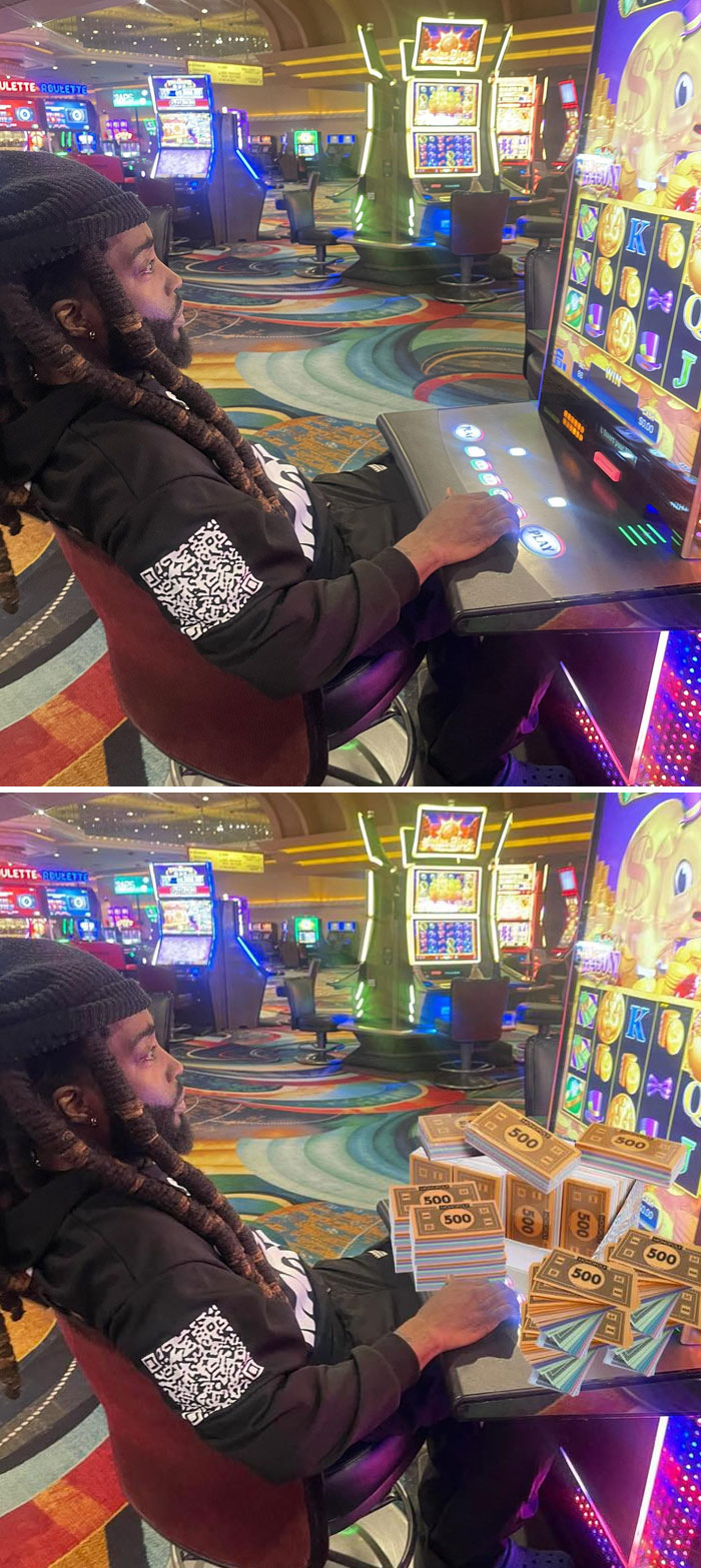 Man playing slot machine in casino before and after photoshopped with stacks of money, showcasing funny photoshop edits.