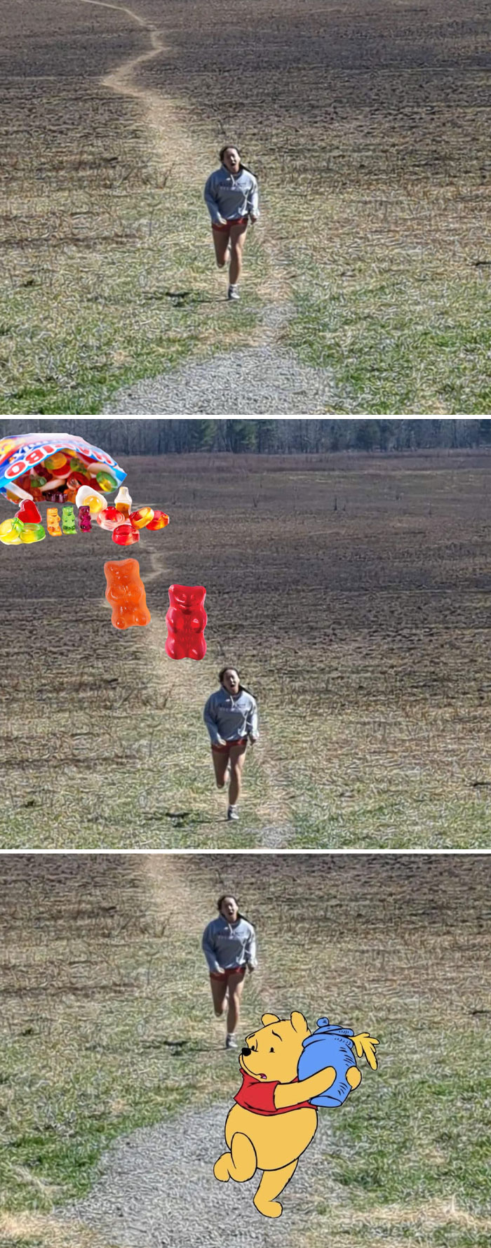 Woman running down a path edited with funny photoshopped gummy bears and Winnie the Pooh chasing her.