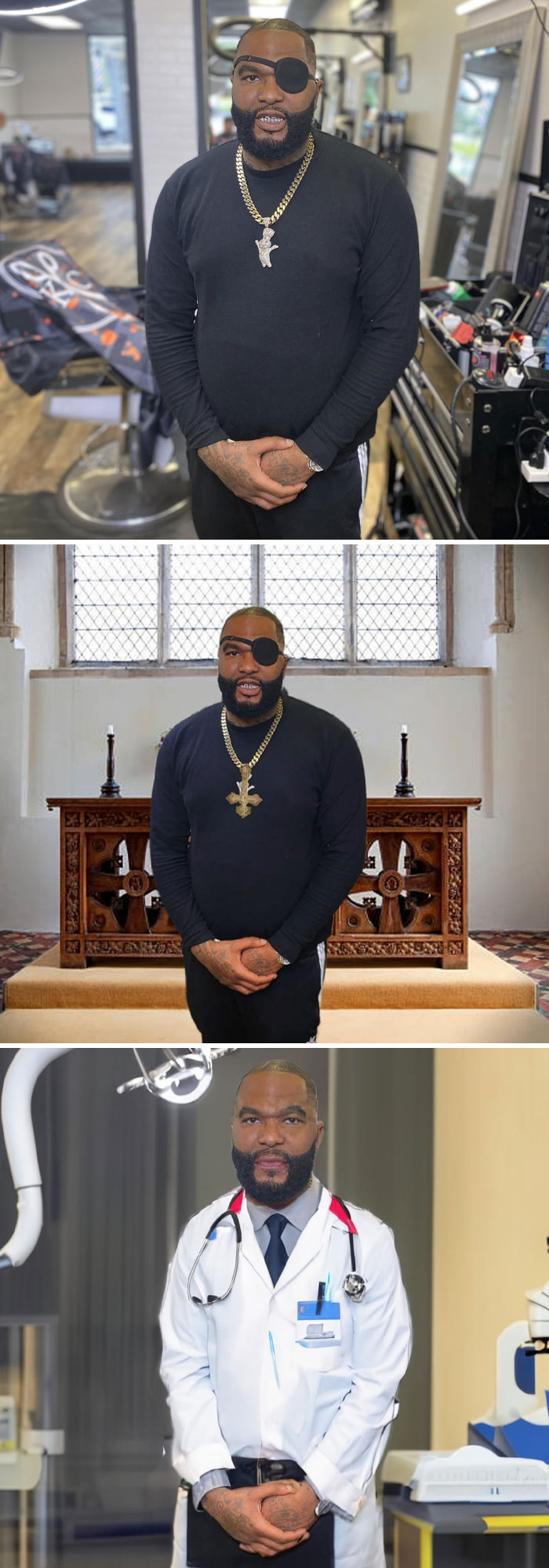 Man humorously photoshopped with different backgrounds and outfits in a collection of hilarious photo edits.