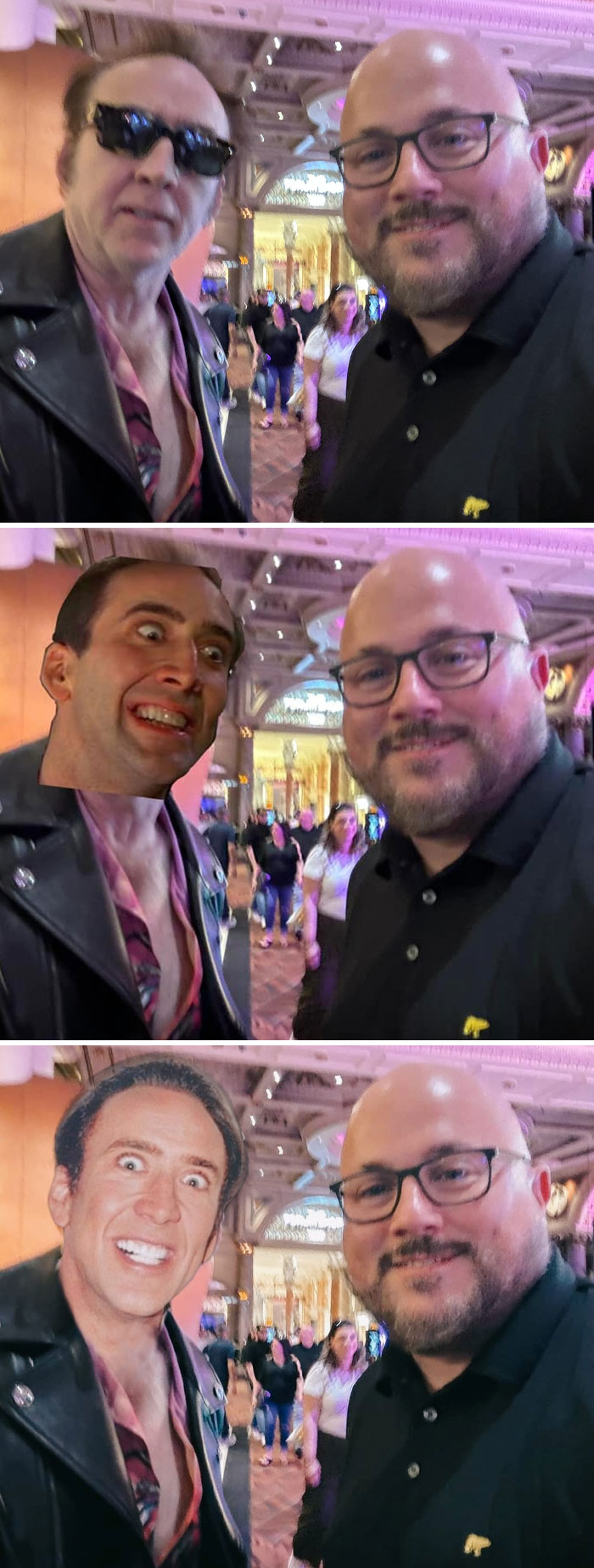 Man taking selfies with edited photoshopped faces of a stranger in a public indoor setting, showing funny photoshop results.