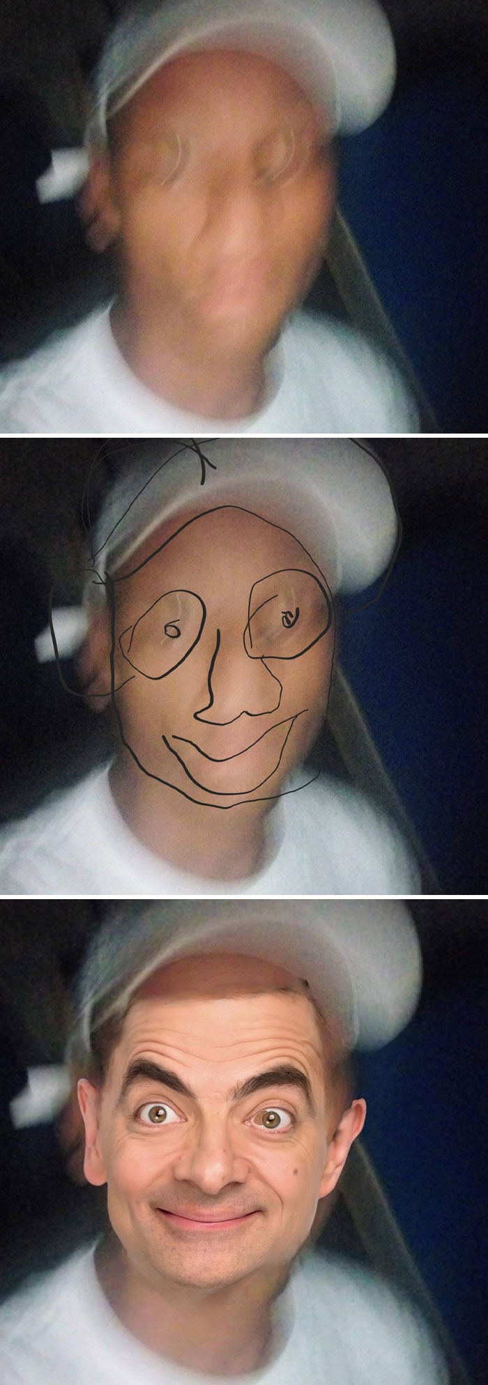 Blurry photo transformed with funny Photoshop edits including cartoon sketch and realistic face swap in stranger photoshopping.