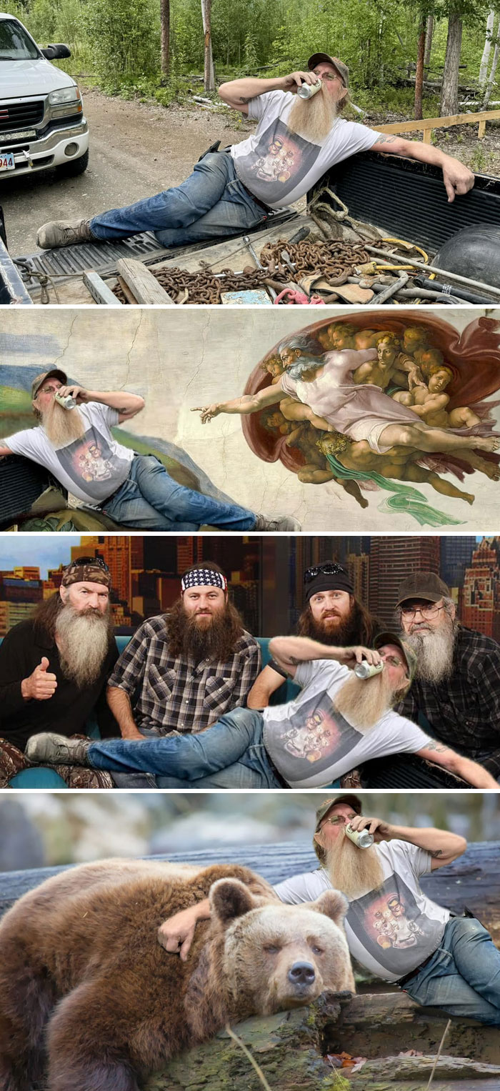 Man with long beard drinking from a can in humorous photoshopped images showing creative stranger edits.