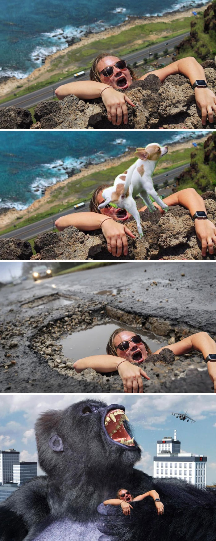 Hilarious photoshopped images of a woman seemingly stuck or captured, edited with funny creative effects by strangers.