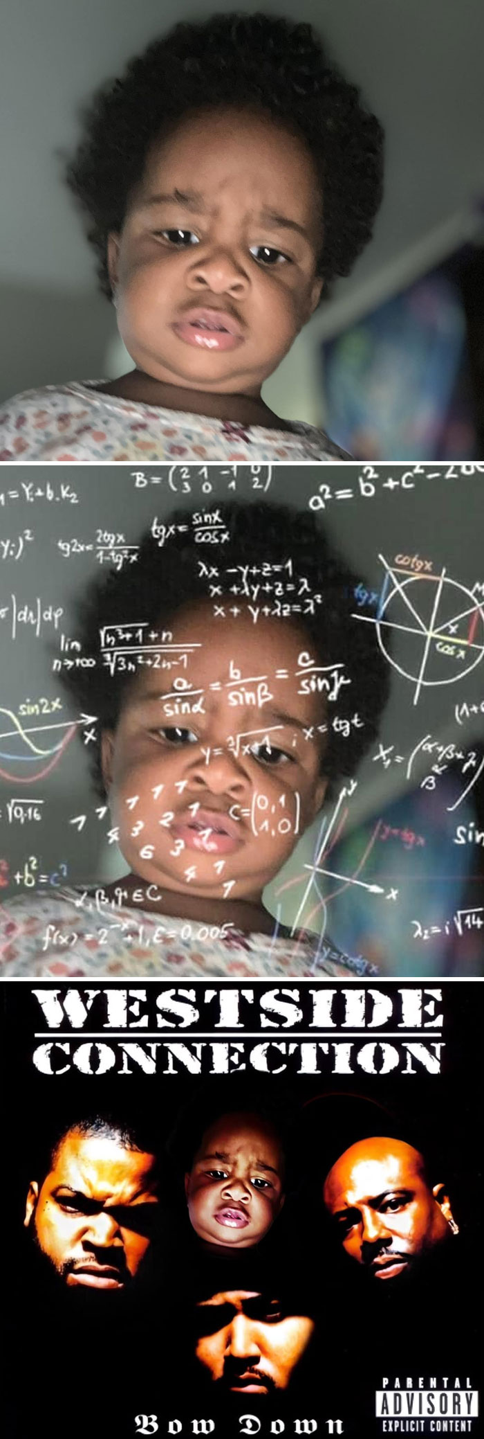 Child's photo photoshopped with math equations and Westside Connection album cover in a funny stranger photoshop edit.