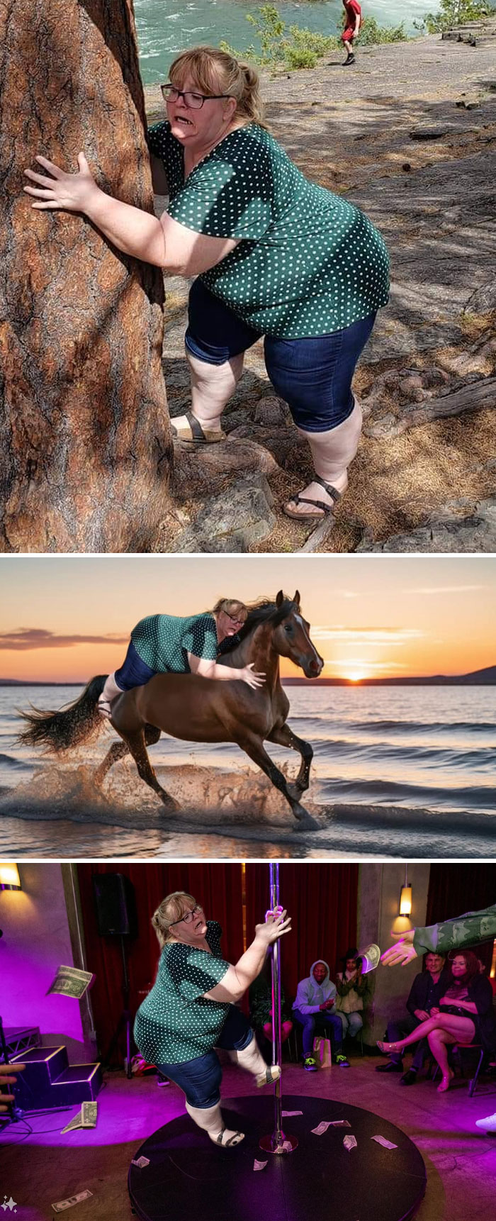 Woman hilariously photoshopped into scenes, including riding a horse and pole dancing, showcasing funny stranger photo edits.