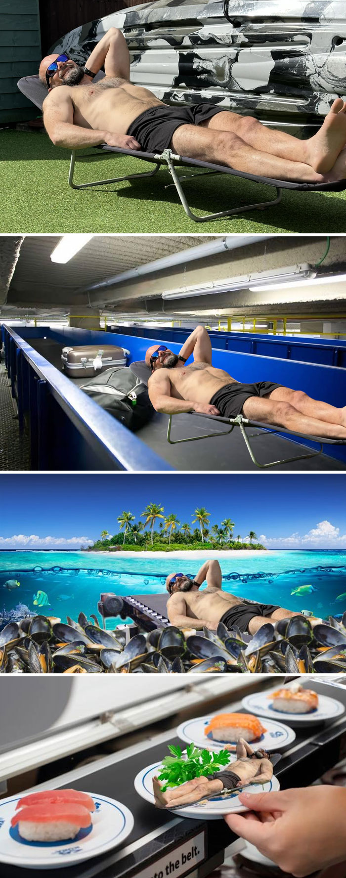 Man lounging on a chair in various humorous photoshopped settings, showcasing creative stranger photoshops.