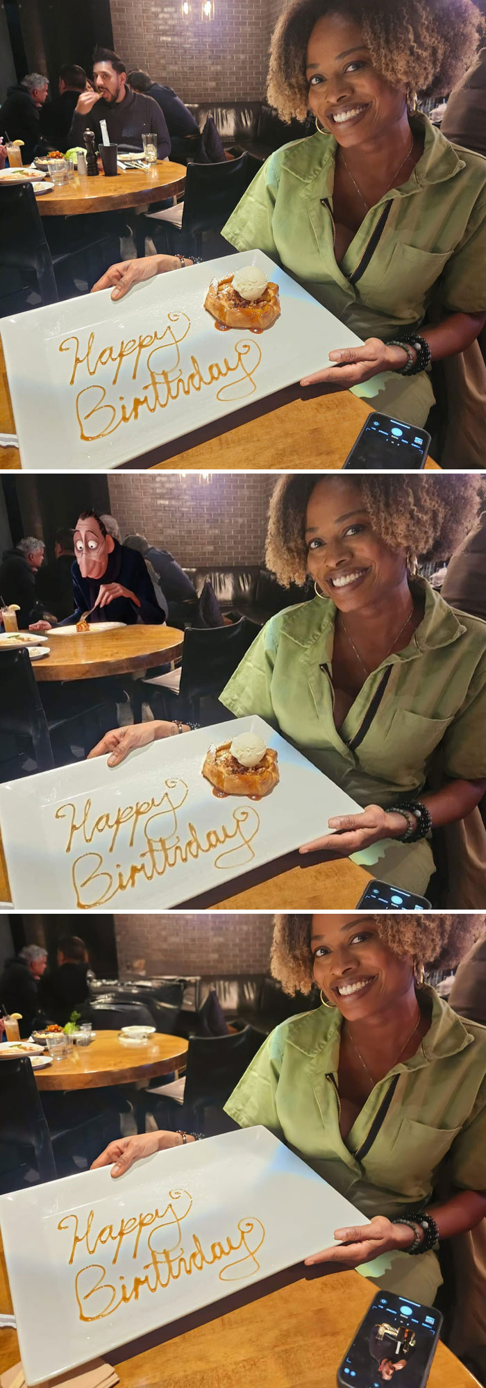 Woman celebrating birthday with dessert plate edited to include cartoon character in humorous photoshopped image.