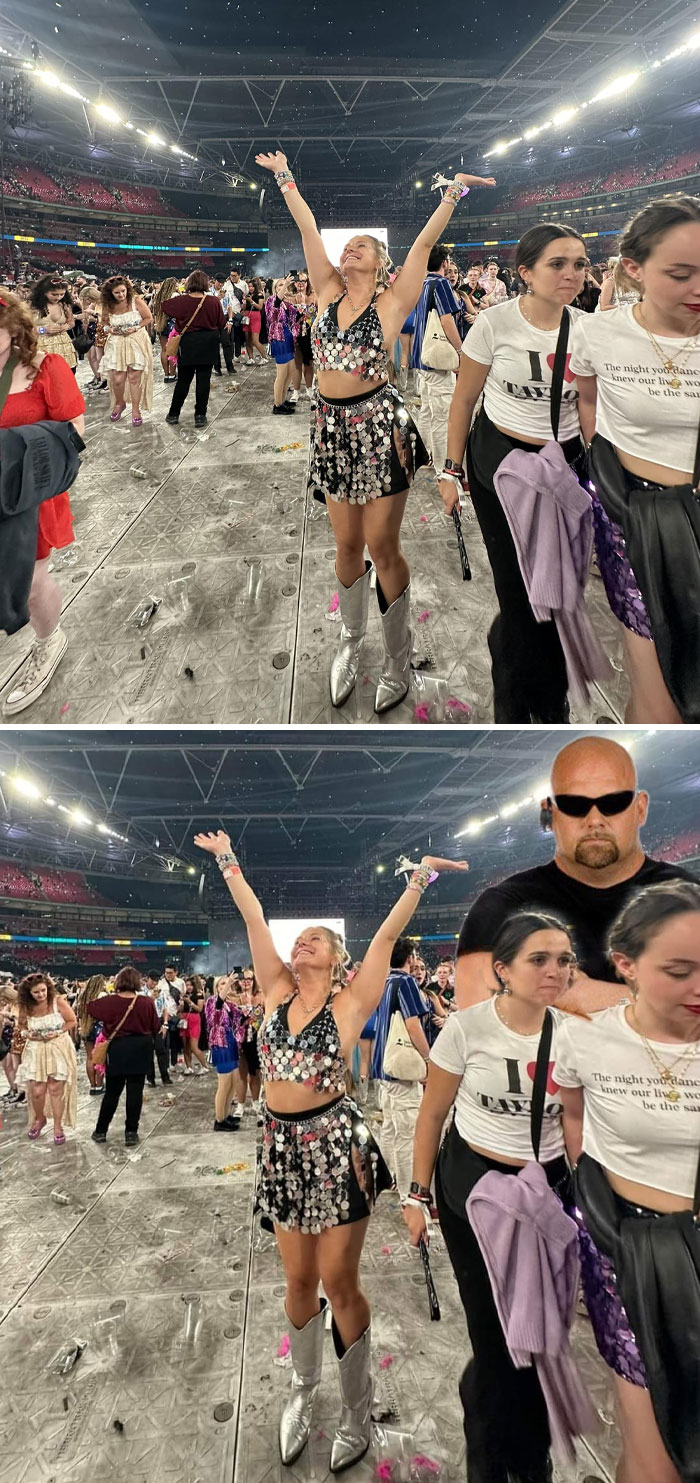 Concert crowd with a woman in shiny outfit, before and after hilarious Photoshop edits requested by strangers.