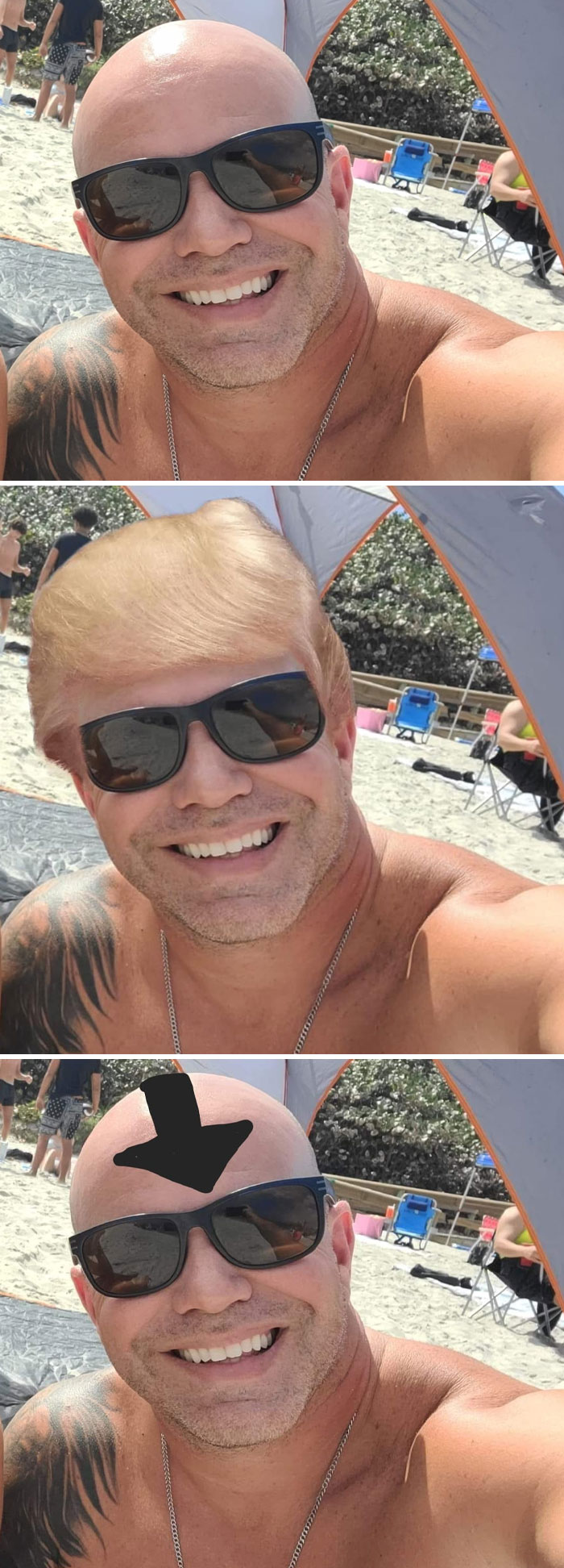 Man with sunglasses at the beach photoshopped with funny hair and cartoon arrow for hilarious photo edits