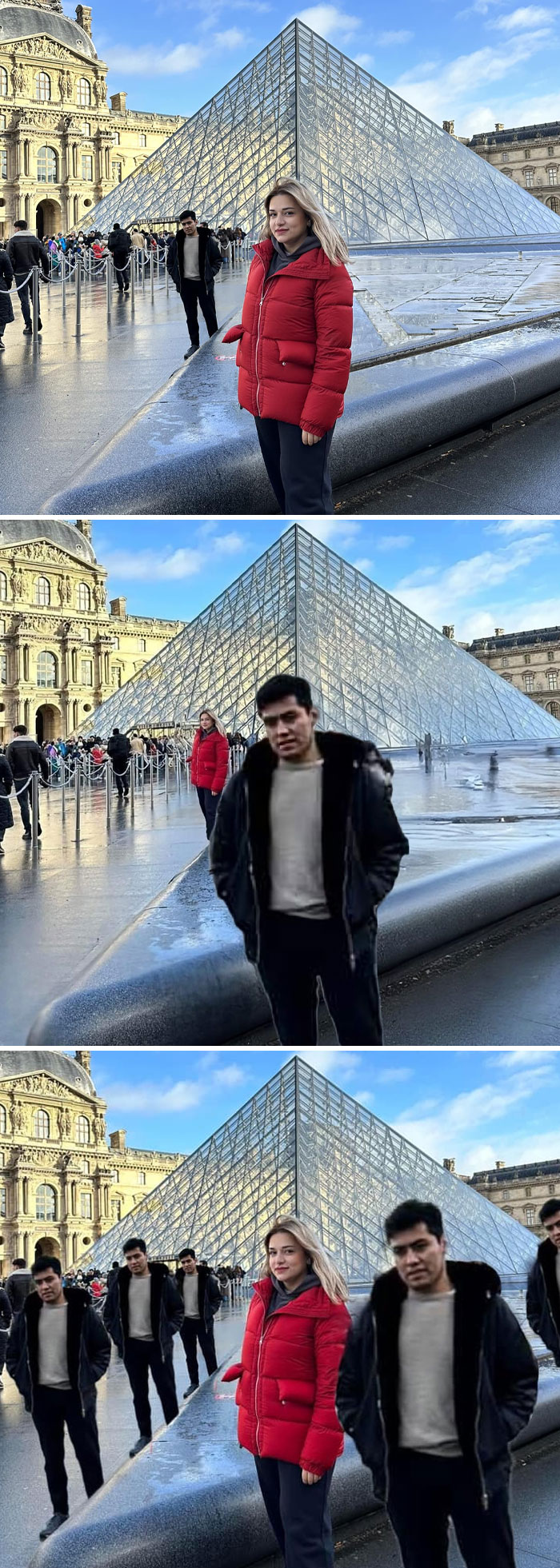 Woman in a red jacket in front of Louvre pyramid with multiple photoshopped men added humorously to the scene