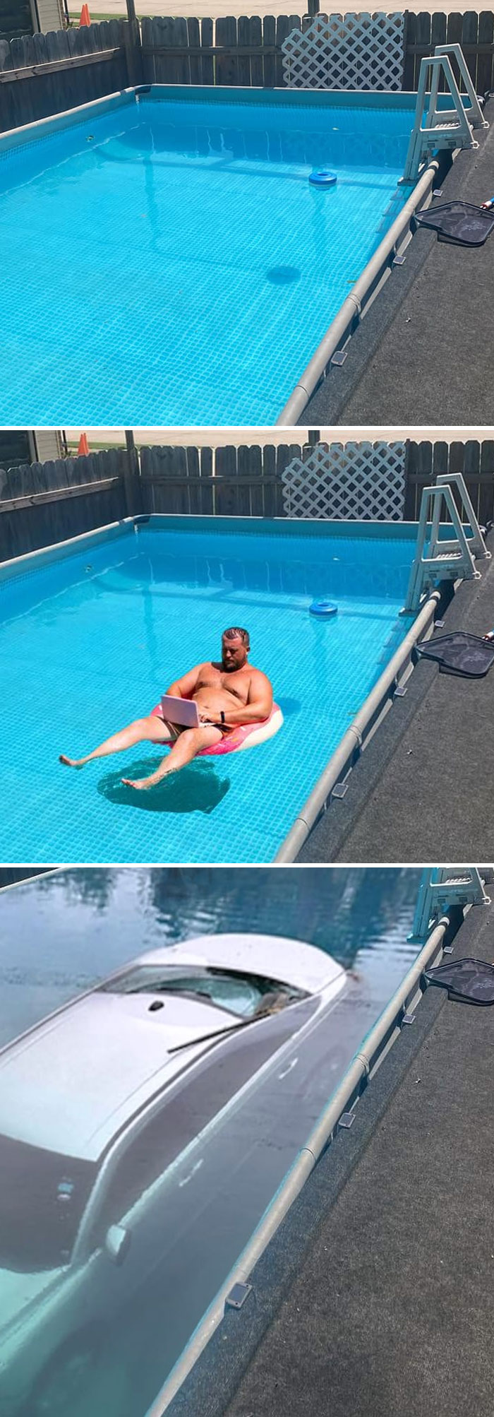 Above ground pool before and after photoshopped with man floating on a tube and a car submerged in pool water.