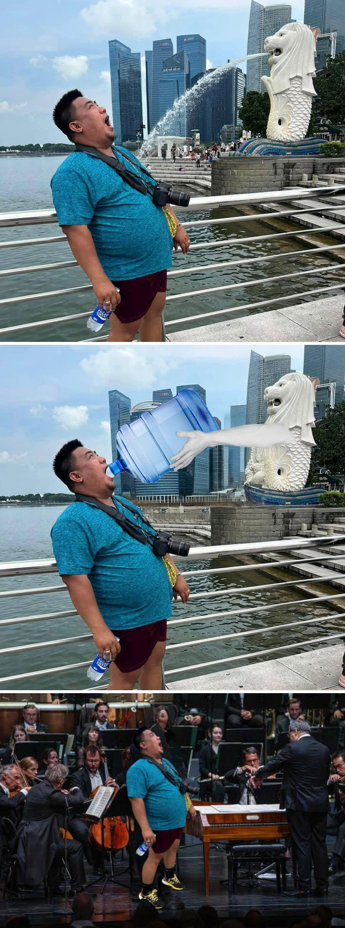 Man posing by Merlion statue photoshopped humorously in creative stranger photo edits and funny photo manipulations.