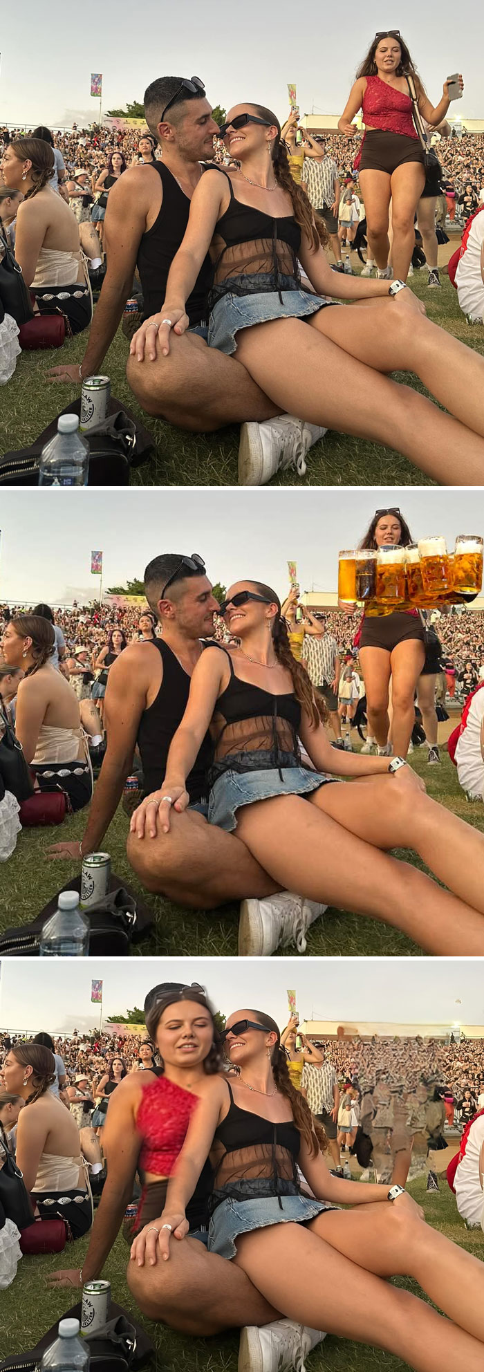 Couple at outdoor event with humorous photoshopped edits showing creative stranger photo manipulations.
