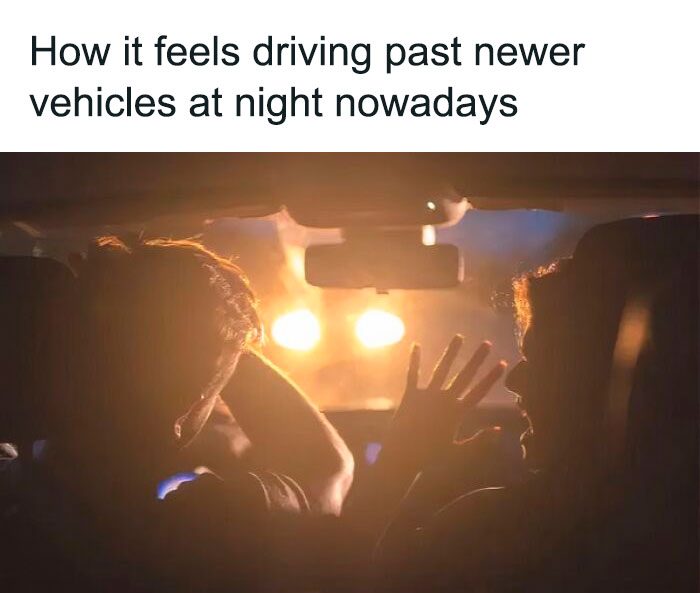 Two people in a car shielding their eyes from bright headlights, illustrating memes encapsulating the human experience.
