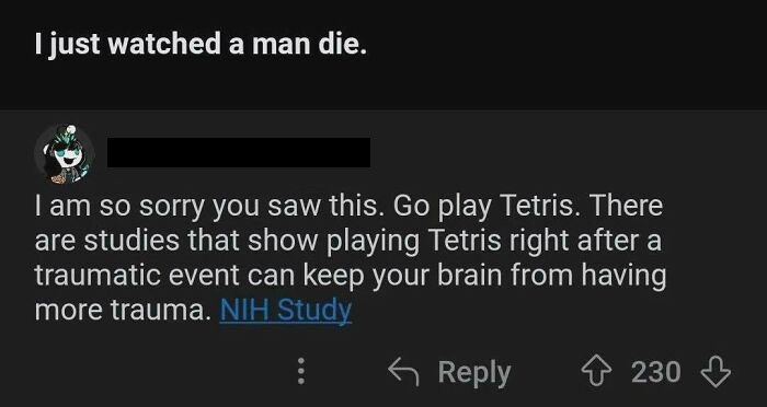 Screenshot of a Reddit comment suggesting playing Tetris after trauma, shared among moments that made people go hmmm.