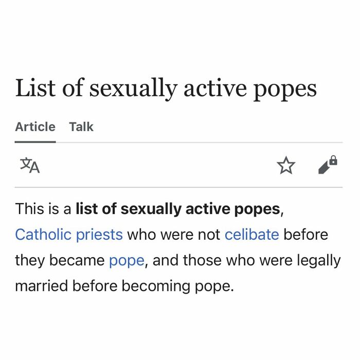 Screenshot of a Wikipedia article snippet showing a list of s******y active popes from random Wikipedia articles.