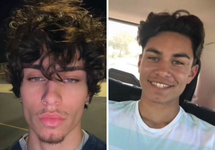 Side-by-side photos showing a young man who looked his hottest in high school and how he looks now smiling in a car.
