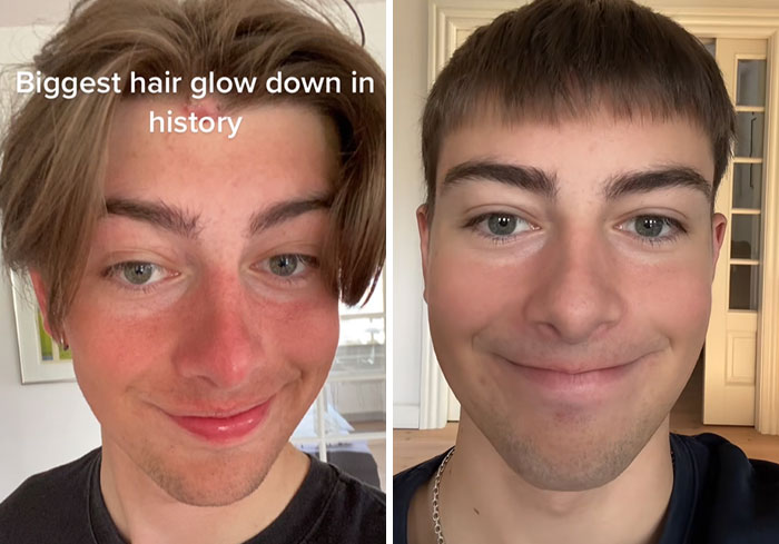 Side-by-side photos of a young man showing a glow down transformation in people who looked hottest in high school.