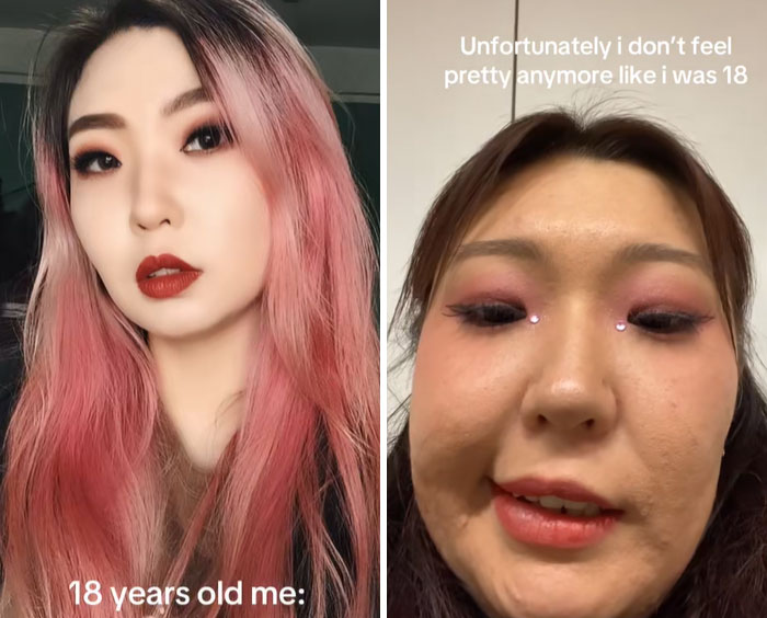Split image showing a woman at 18 with pink hair and heavy makeup, and her current look, highlighting people who looked their hottest in high school.