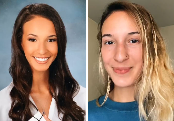 Side-by-side photos of a woman showing people who looked their hottest in high school and how they look now.