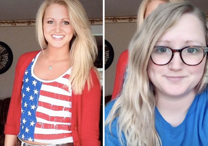 Side-by-side photos of a woman showing how she looked in high school and how she looks now, illustrating people who looked their hottest in high school.