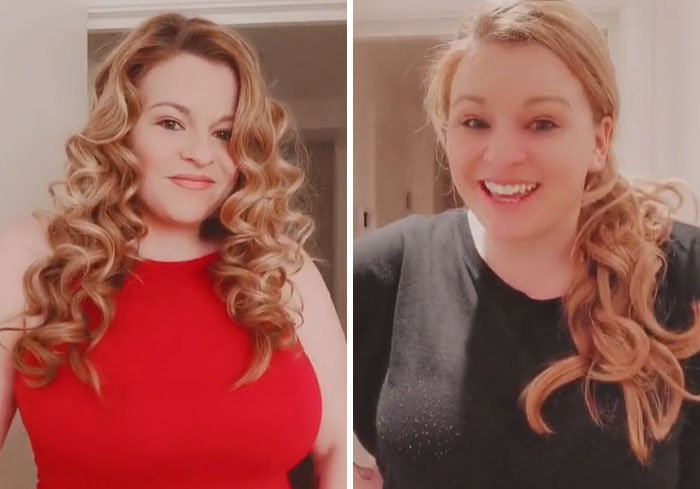 Side-by-side images of a woman with curly hair showing how people who looked their hottest in high school look now.