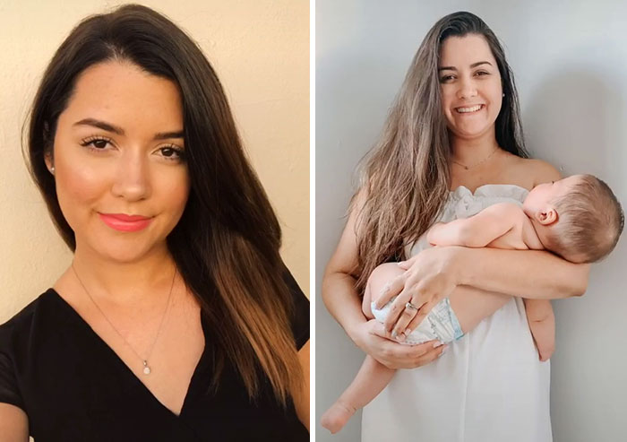 Woman showing transformation from high school looks to present, smiling with long hair and holding a baby in a white dress.