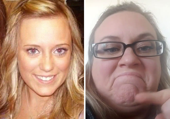Side-by-side photos of a woman showing how people who looked hottest in high school reveal their current appearance.