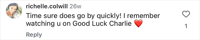 Comment from social media user richelle.colwill recalling watching beloved child star from Good Luck Charlie, expressing nostalgia with heart emoji.