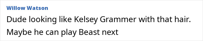 Comment mentioning someone&rsquo;s hairstyle resembling Tom Holland and joking about playing Beast next, related to Henry Cavill&rsquo;s Highlander look.