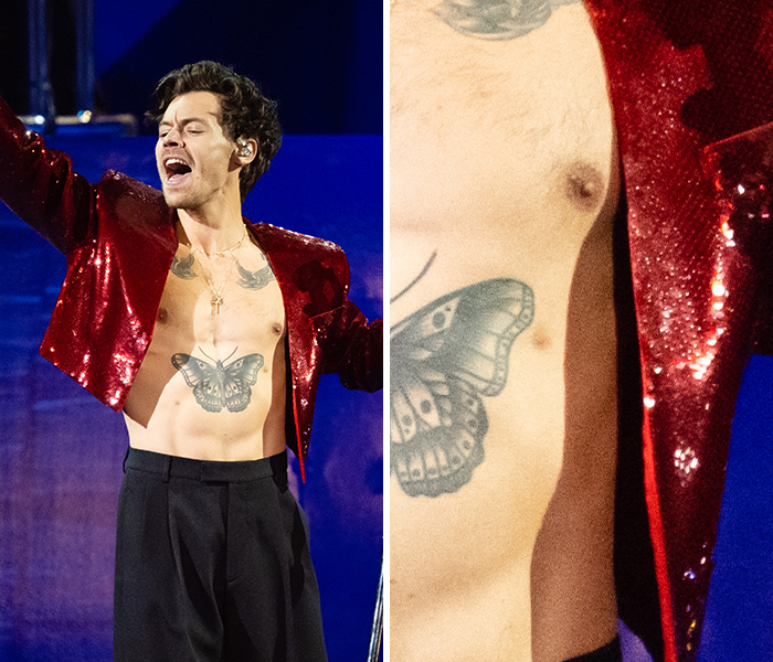 Male celebrity with butterfly chest tattoo wearing a red sequin jacket, showcasing bizarre celebrity body anomalies on stage.