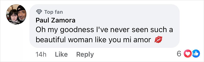 Comment from Paul Zamora praising a woman as beautiful with a heart emoji in a social media post.