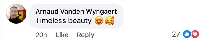 Comment by Arnaud Vanden Wyngaert praising timeless beauty with heart eyes and smiling face emojis on a viral bikini snap post.