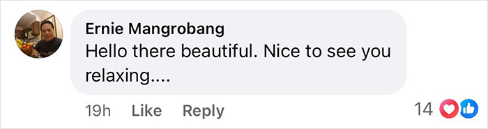 Comment from Ernie Mangrobang saying hello and complimenting relaxation in a social media post about Heidi Klum and Sof&iacute;a Vergara.