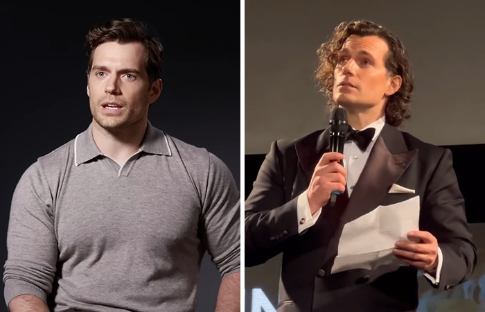 Henry Cavill with new Highlander hairstyle and fans commenting he looks like Tom Holland during a public event.