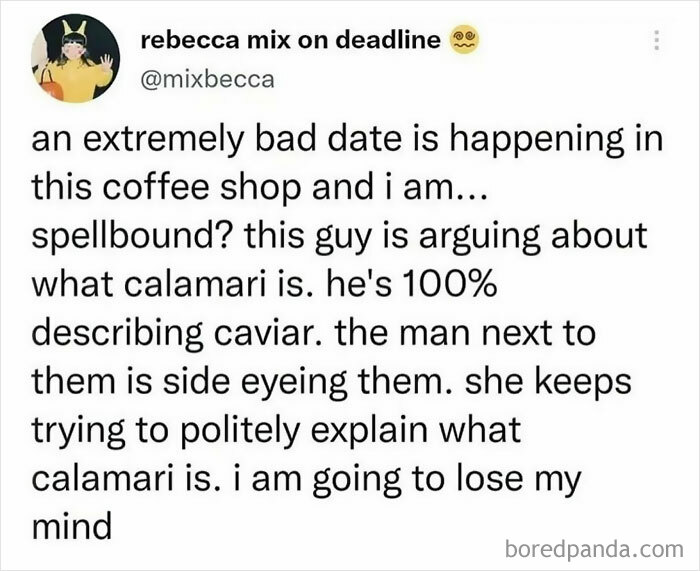 Screenshot of a hilarious tweet describing a confusing coffee shop argument about calamari, from a popular humor page.
