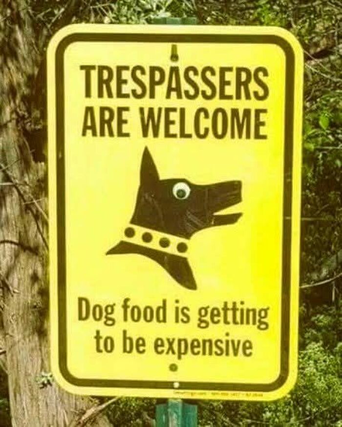 Funny yellow warning sign with a dog illustration humorously welcoming trespassers in chaotic world signs collection.