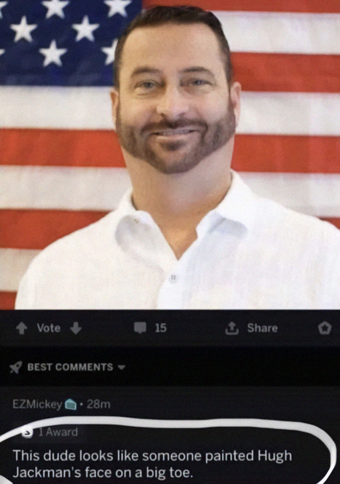 Man standing in front of an American flag with an epic burn comment about his face resembling a painted big toe.