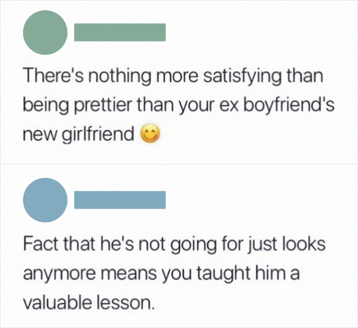 Screenshot of a social media exchange sharing epic burns about ex-boyfriend’s new girlfriend and valuable lessons.