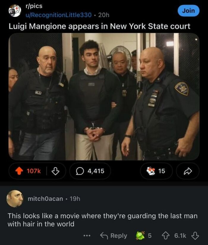 Man in handcuffs guarded by officers with a viral epic burn comment about the last man with hair in the world.