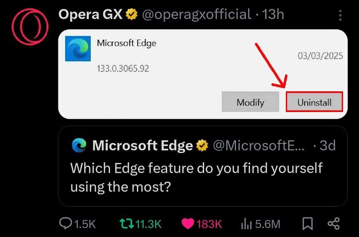 Screenshot showing Opera GX’s tweet with an epic burn uninstalling Microsoft Edge from a computer.