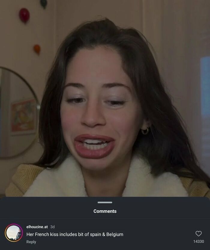 Young woman with exaggerated lips sharing a comment that delivered an epic burn making even enemies laugh.