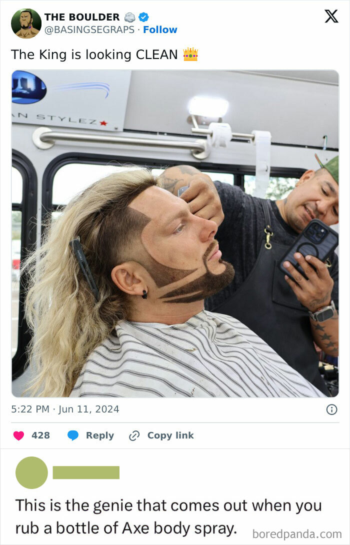Man with an elaborate beard and haircut getting a trim from barber, showcasing epic burns with unique beard style.