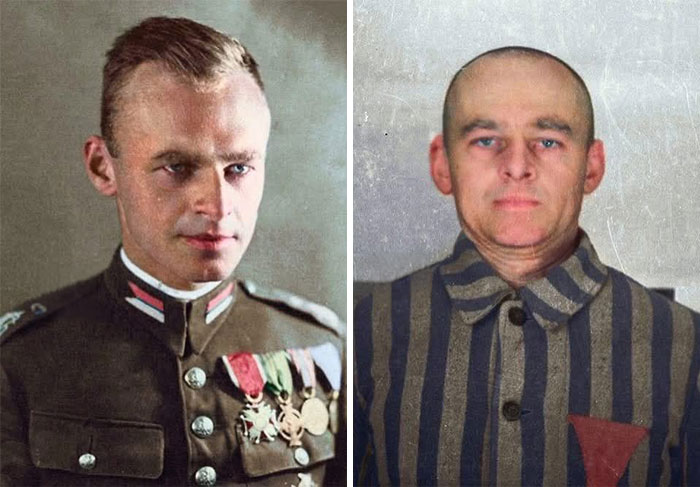 Side-by-side historical photos showing a decorated soldier and a prisoner in striped uniform with red triangle badge.