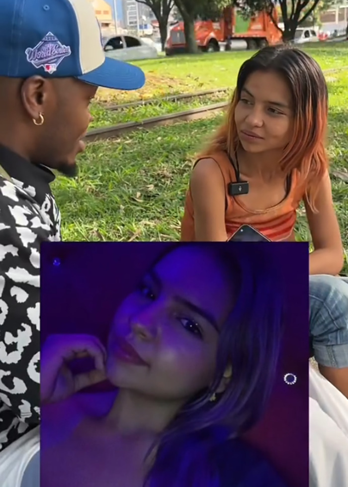 Man and woman sitting outdoors in park, with inset of woman posing under purple lighting, related to homeless man makeover viral story.